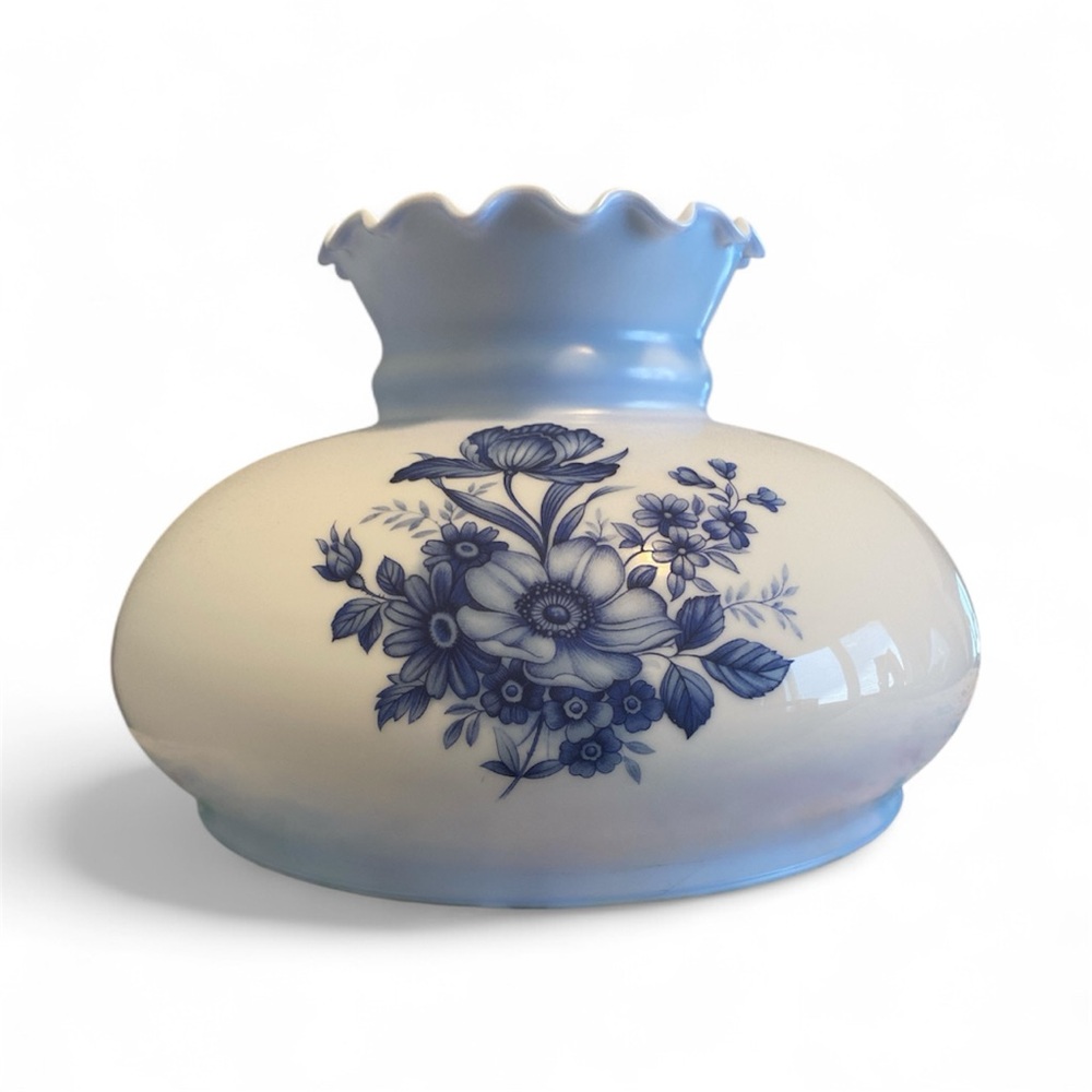 Vintage Hurricane Glass Lamp Shade. Blue and White Floral